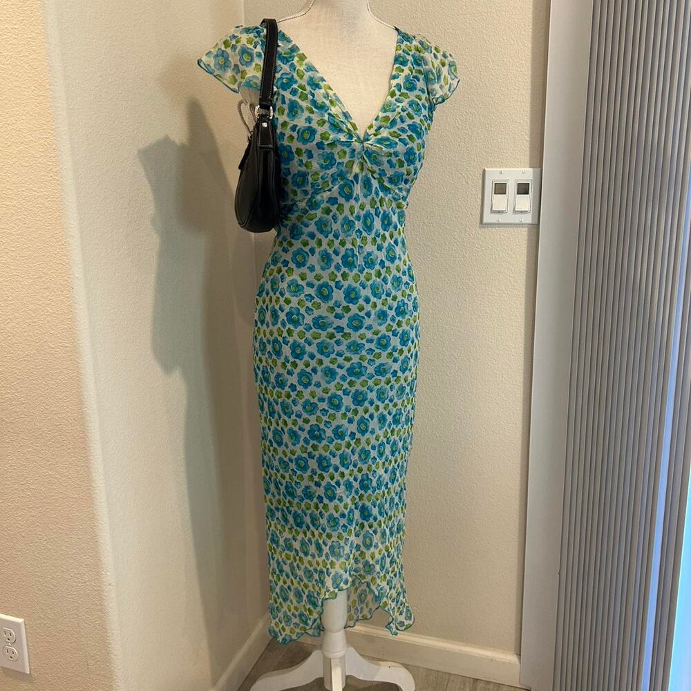 Teo green and blue floral silk midi dress. Size 6